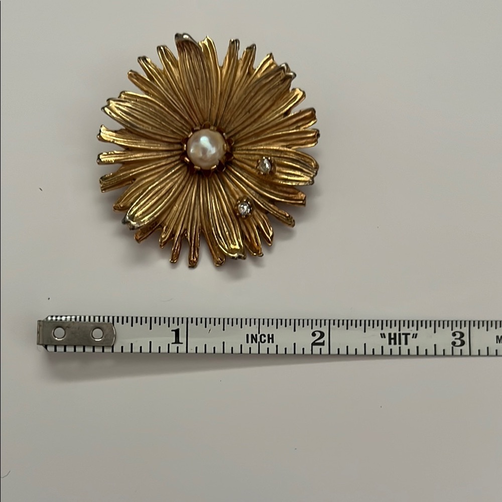 Gold Flower Brooch with Pearl and Rhinestones